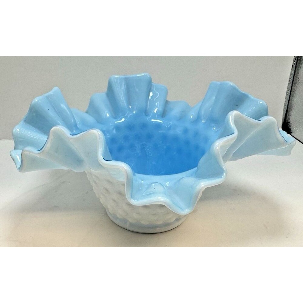 Vintage Fenton Cased interior Blue Milk Glass Hobnail Ruffled Bowl 6.5 X 3.75